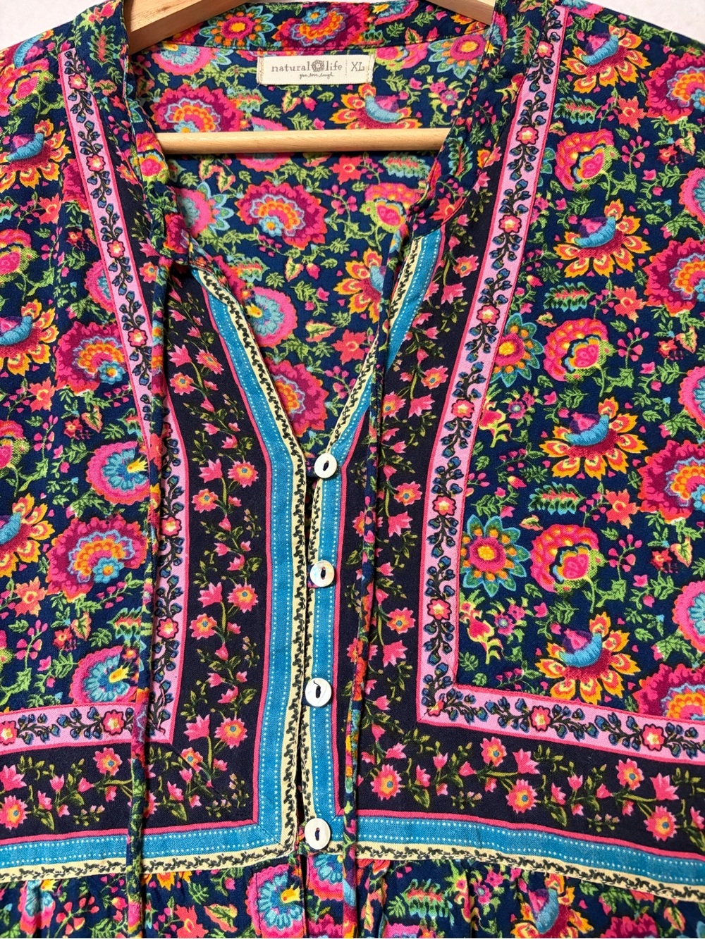 Natural Life XL Boho Floral Button Front Maxi Dress Tiered Ruffle Rayon Earthy - Picture 7 of 12